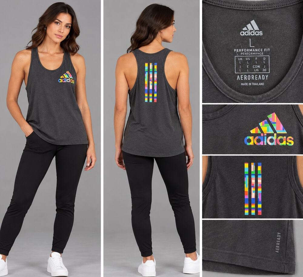 Adidas Womens L AEROREADY Tank Top Gray Rainbow Logo Racerback Athletic Pride